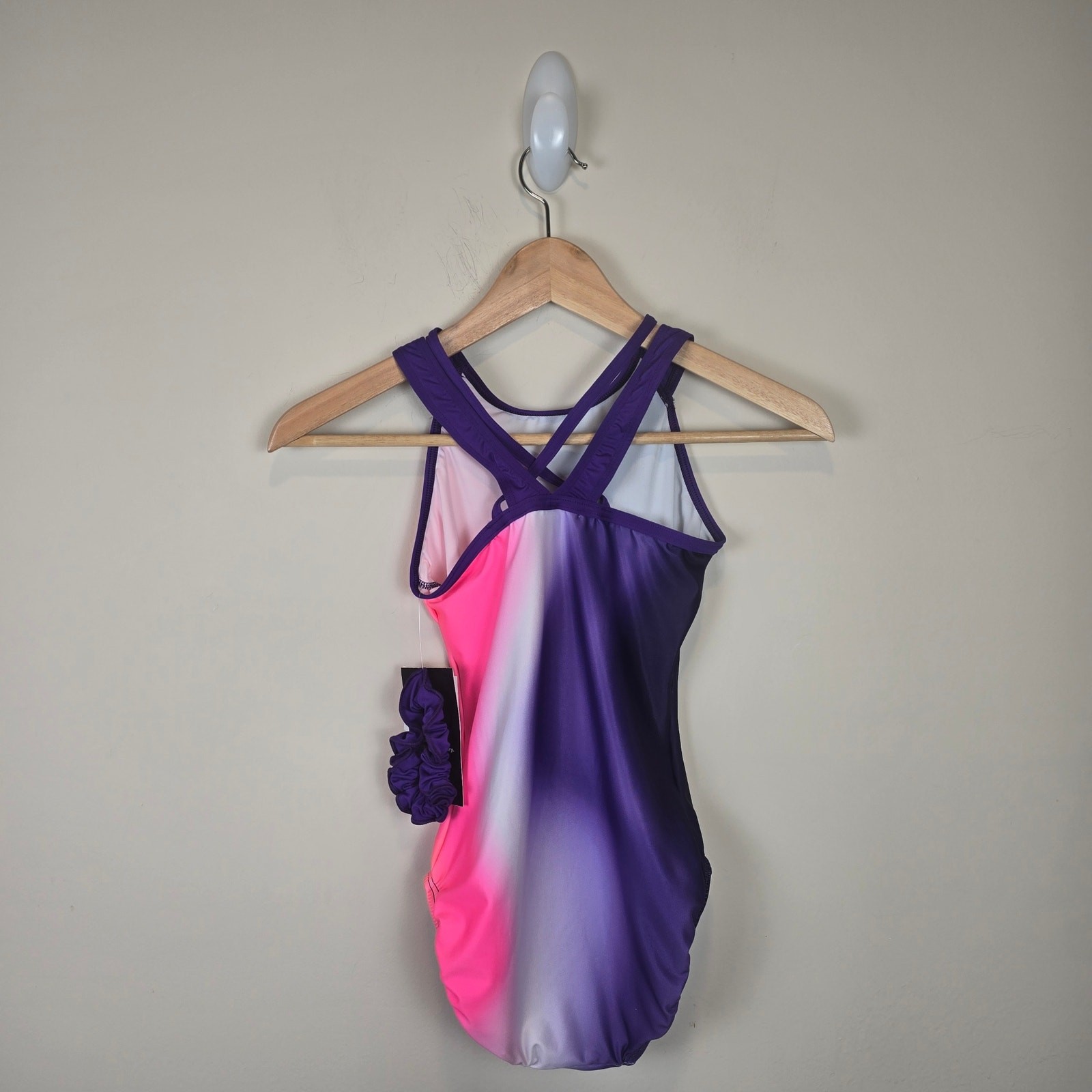 GK Elite Adult Size M AM Painted Sky Tank Leotard Purple Pink Ombre Scrunchie