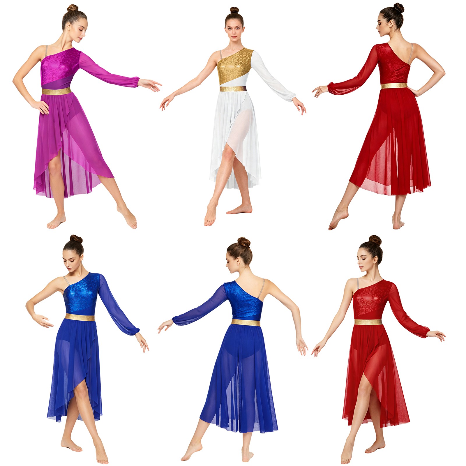 Women Lyrical Flowy Bodysuit One Shoulder Dance Dress Elegant Liturgical Mesh
