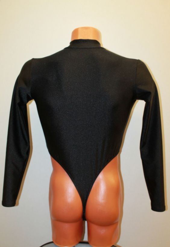 Men Thong Leotard 159-57 High Collar Open Front Hole Crotch Black Spandex Size L