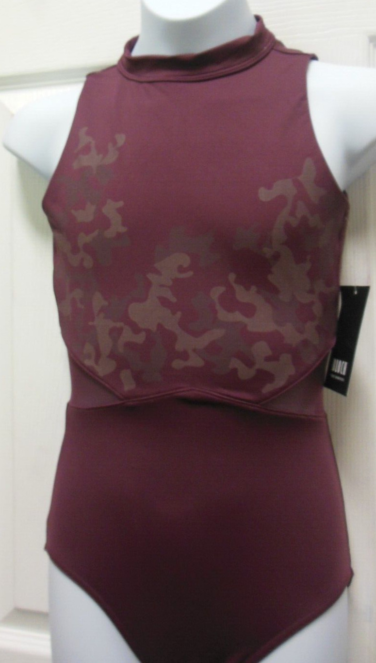 Bloch L4335 Open Mesh Turtleneck leotard Wine Camo Print Ladies Petite
