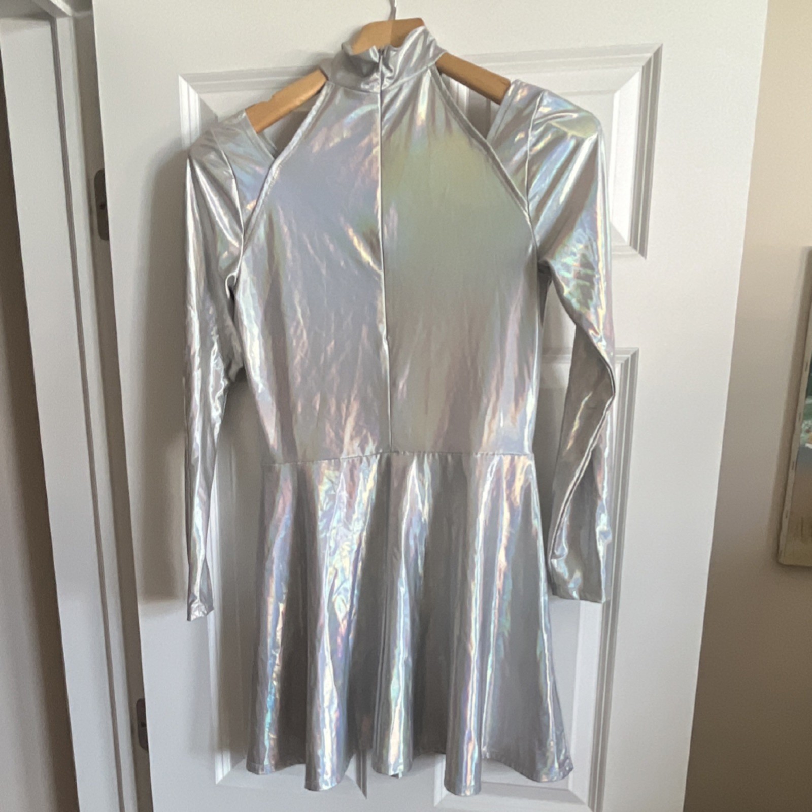 Silver Holographic Metallic Long Sleeve Women’s Dance Rave Dress