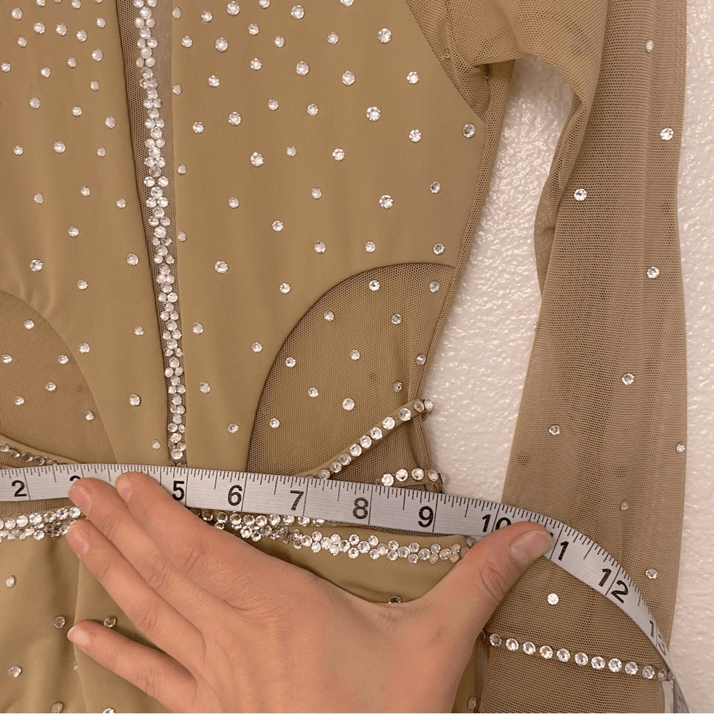 LA dance solo custom tan nude beige long leotard costume mesh rhinestones LC