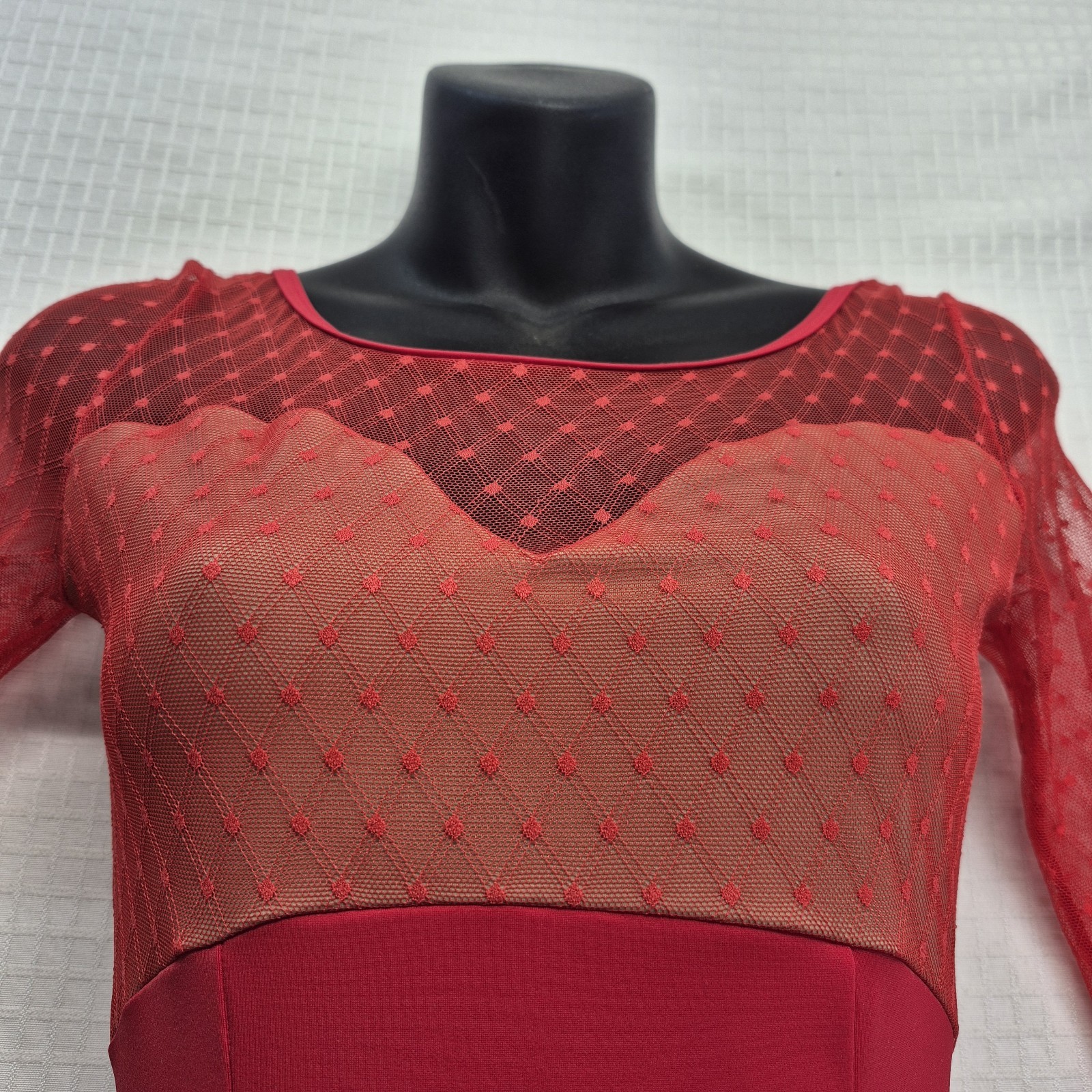 New Womens Medium Tiler Peck Red long-sleeved dance leotard mesh top & sleeves