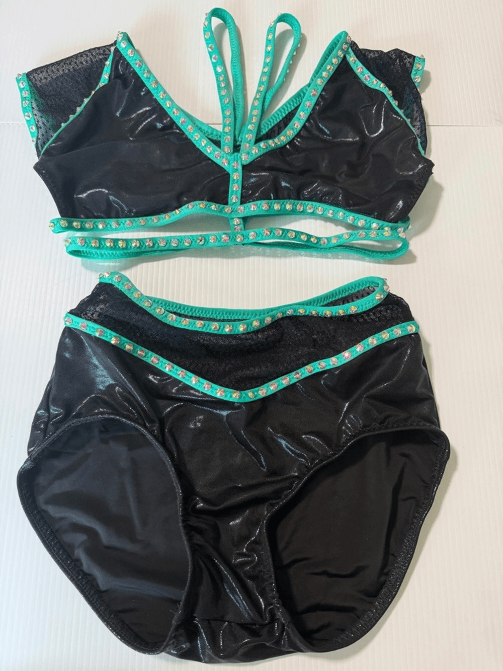 Custom dance costume leotard black kelly green 2 piece SA-Small adult