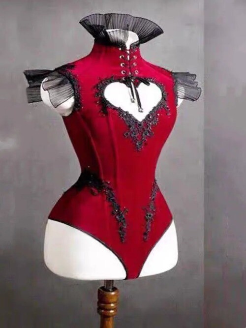 Vintage Red Heart Cutout Strap Bodysuit Gogo Costume Dancer Jazz Dance Leotard