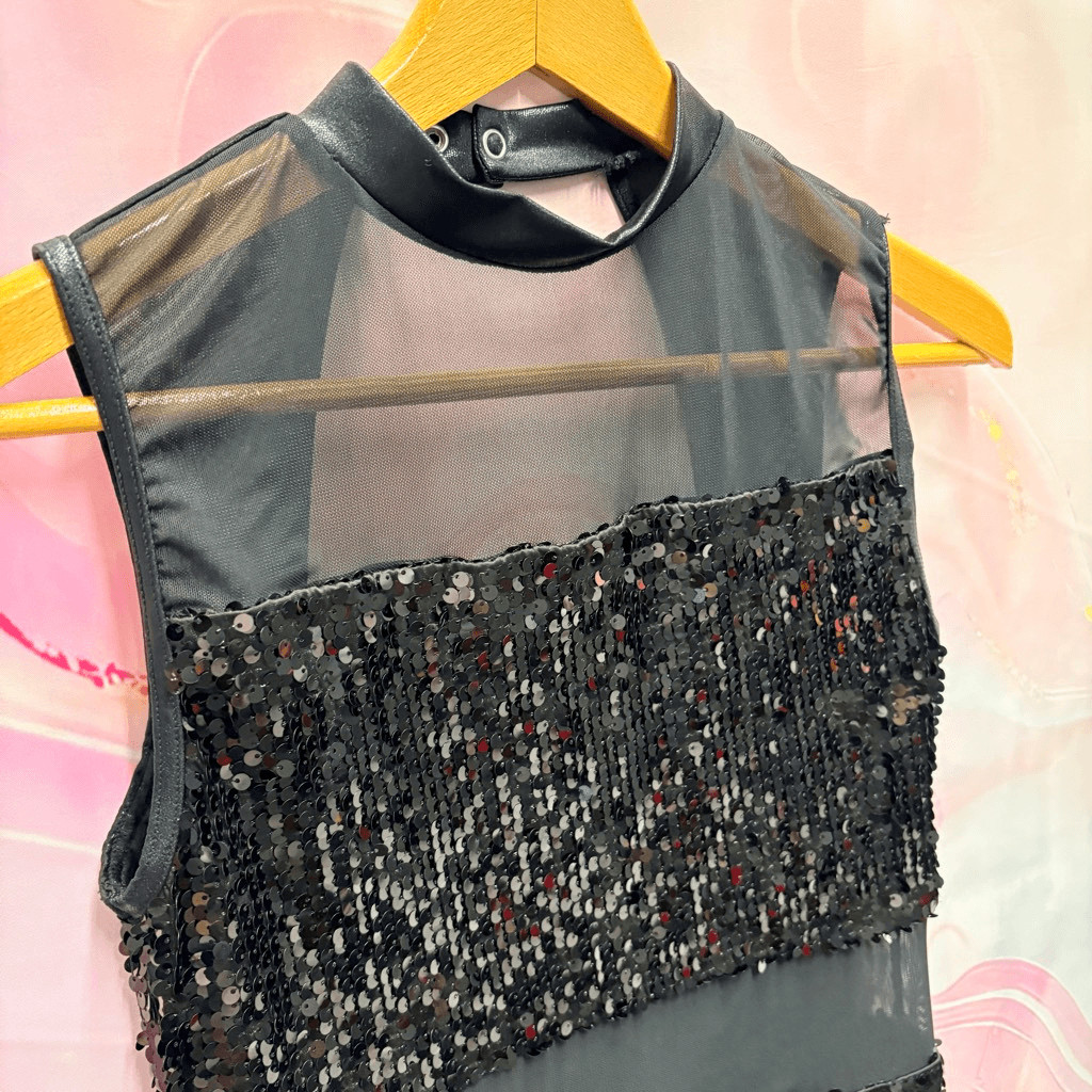 Black Mesh Sequin Sleeveless Romper Dance Costume Colorguard Majorette Twirler