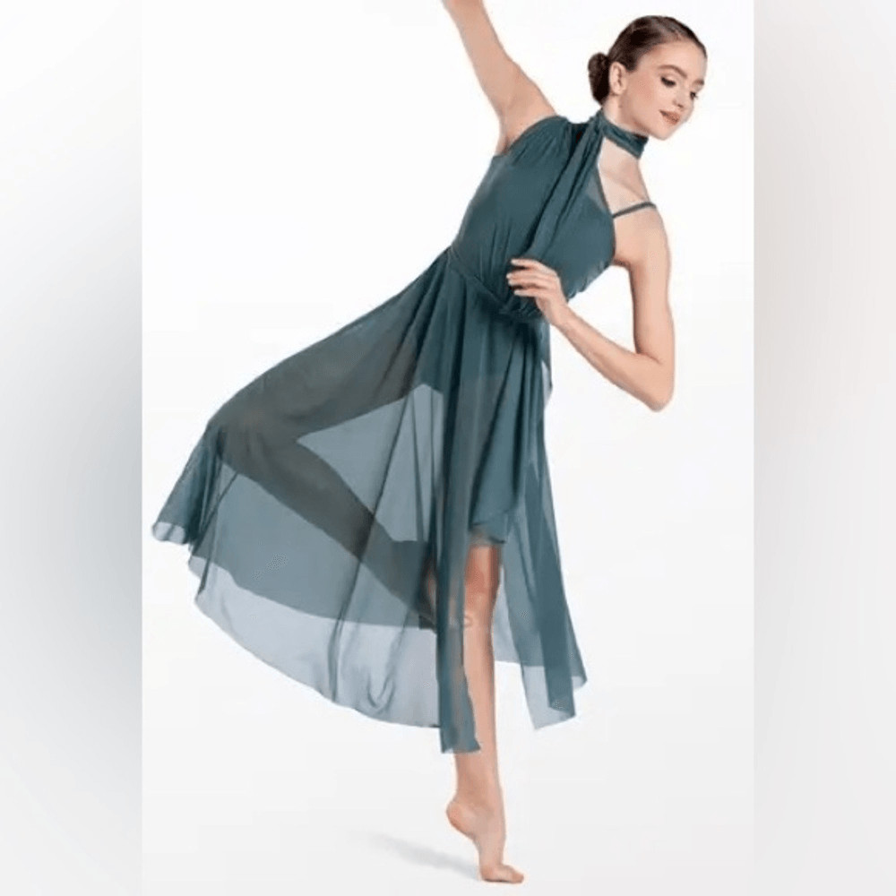 WEISSMAN Balera Dance lyrical slate blue One Shoulder Tied Neck maxi D13079 SA