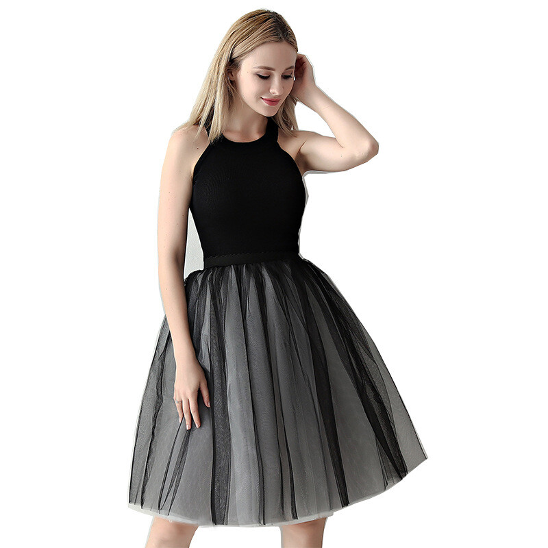 Women Dance Skirt Tutu Pleated Mesh Tulle Midi Knee Length 7 Layers Party