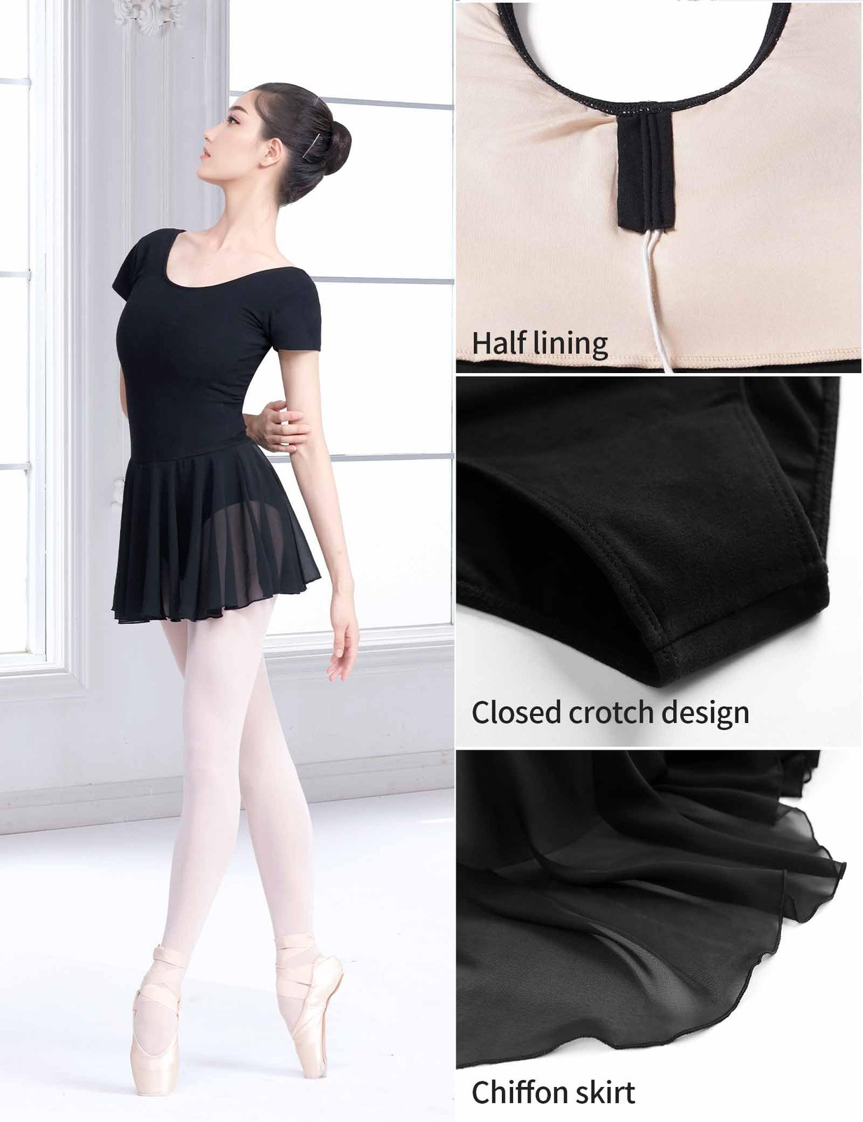 RuiBalletto Short Sleeve Ballet Leotards for Women X-Large, Black-with Skirt