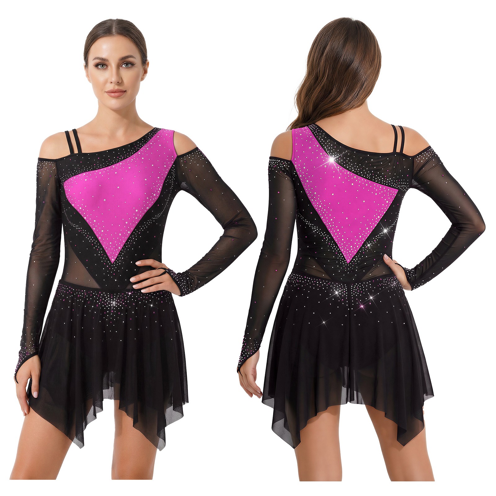 Womens Dancewear Color Block Bodysuit Lyrical Dress Hem Irregular Costume Mesh