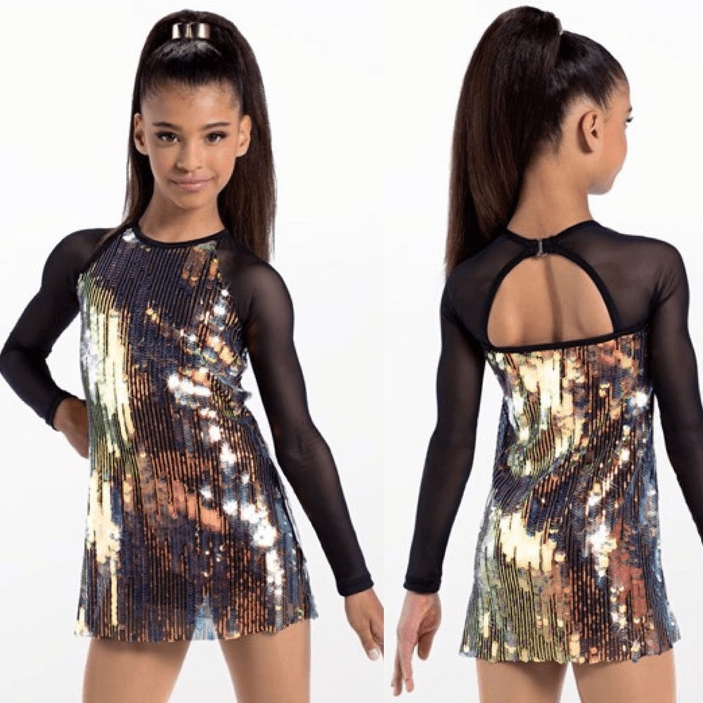 WEISSMAN Dance Costume shift dress Long sleeve black gold sequin Cool 14452 XLC
