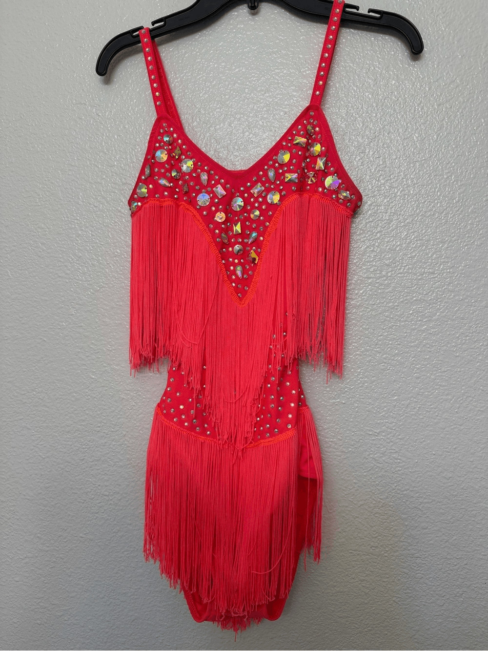 Glamour dance costume coral fringe gems rhinestone embellished SA-Small adult