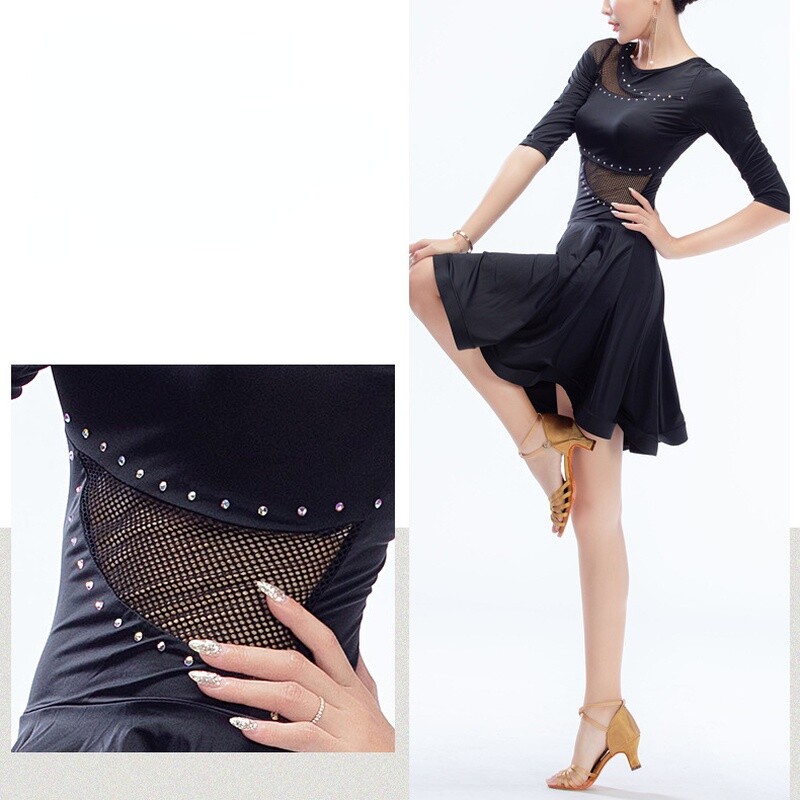 Women Mesh Latin Dance Dress Ballroom Tango Dancewear Swing Stretch Black