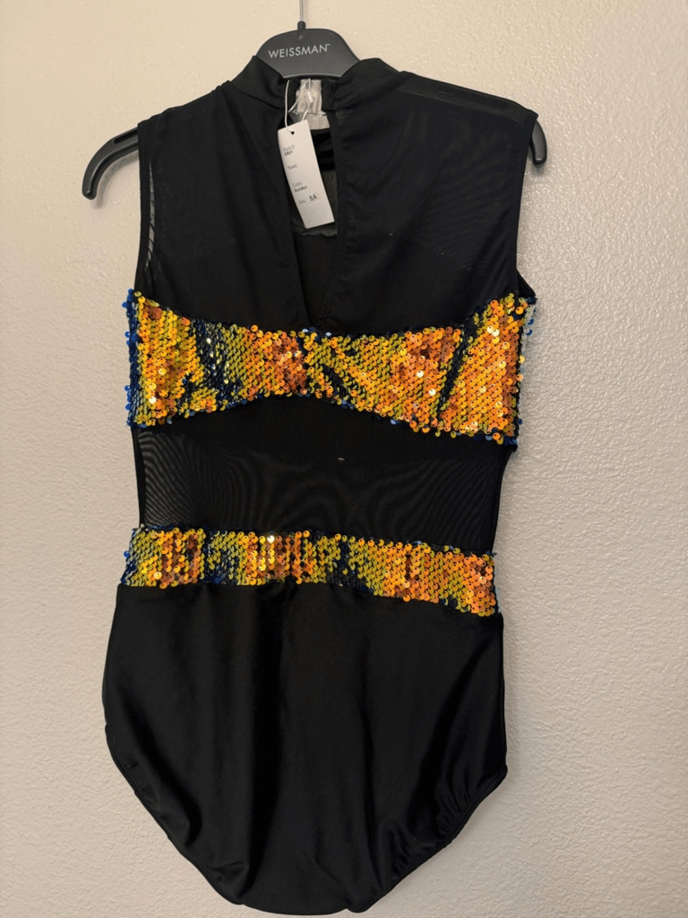 Glamour solo dance costume sequin mesh black gold SA-Small adult NEW