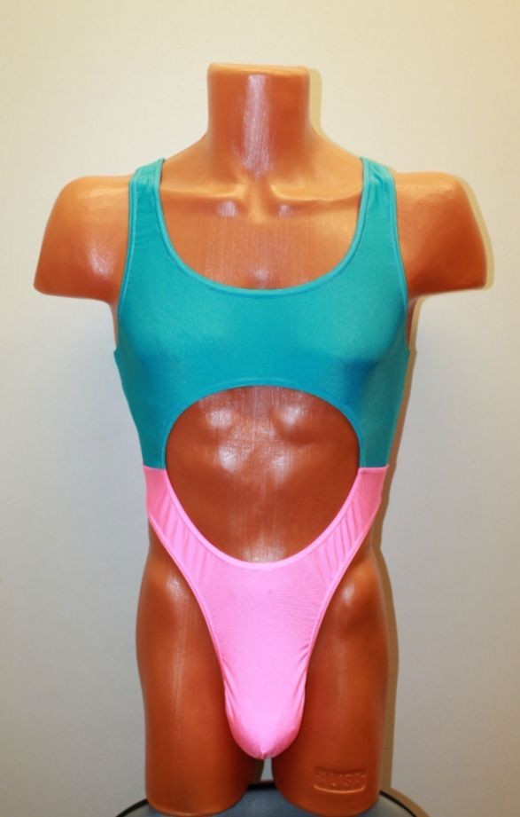 Men Thong Leotard 151-10 Open Front Open Back Blue and Pink Spandex Size L