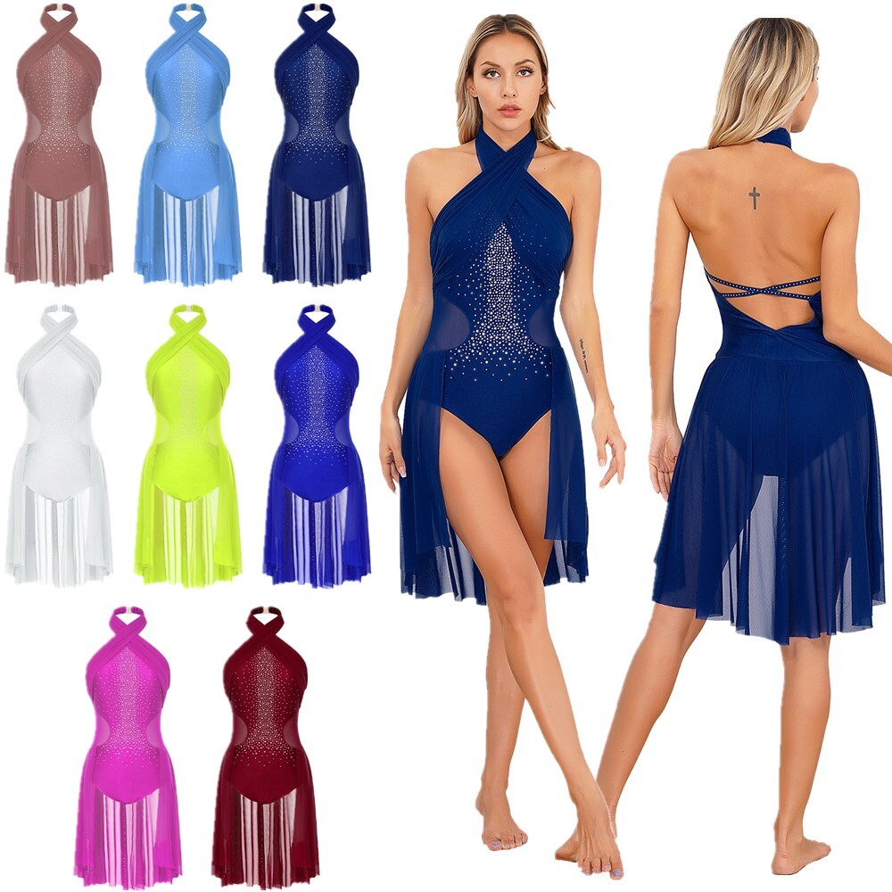 Women’s Dresses Lyrical Bodysuits Mesh Dance Leotards Ruched Rompers Sleeveless