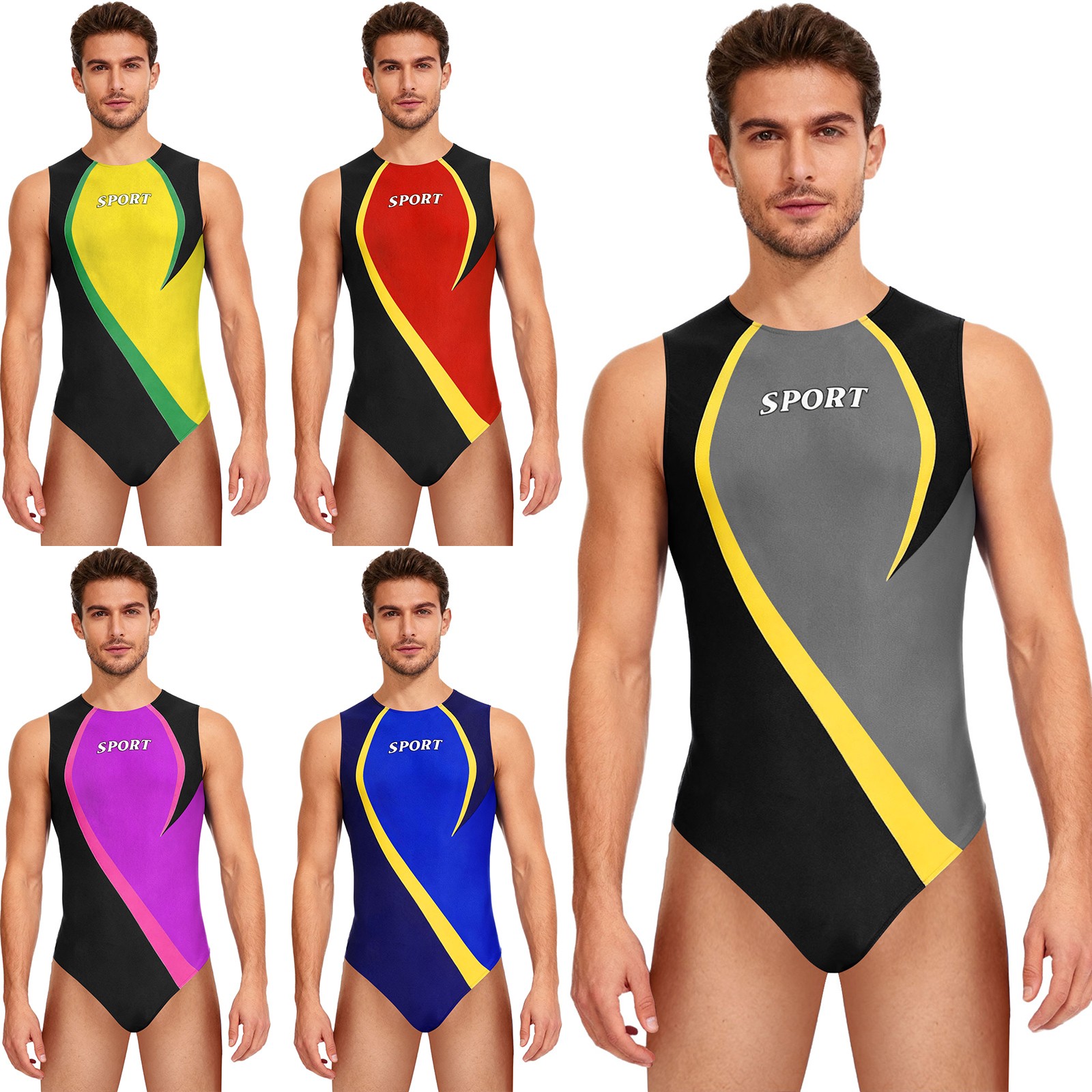 Men Gym Athletic Leotard Sleeveless Round Neck Color Block Back Zipper Bodysuit