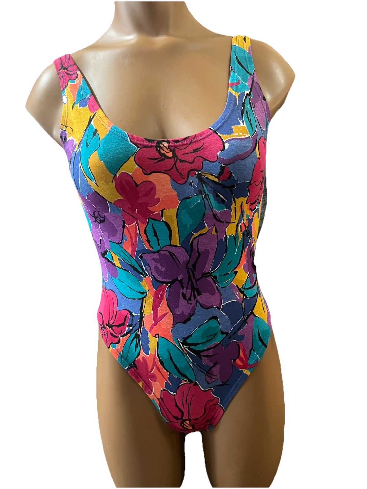 NWT Vintage 80s Dolfin Bodysuit Neon Tropical Floral 1980s Workout Leotard