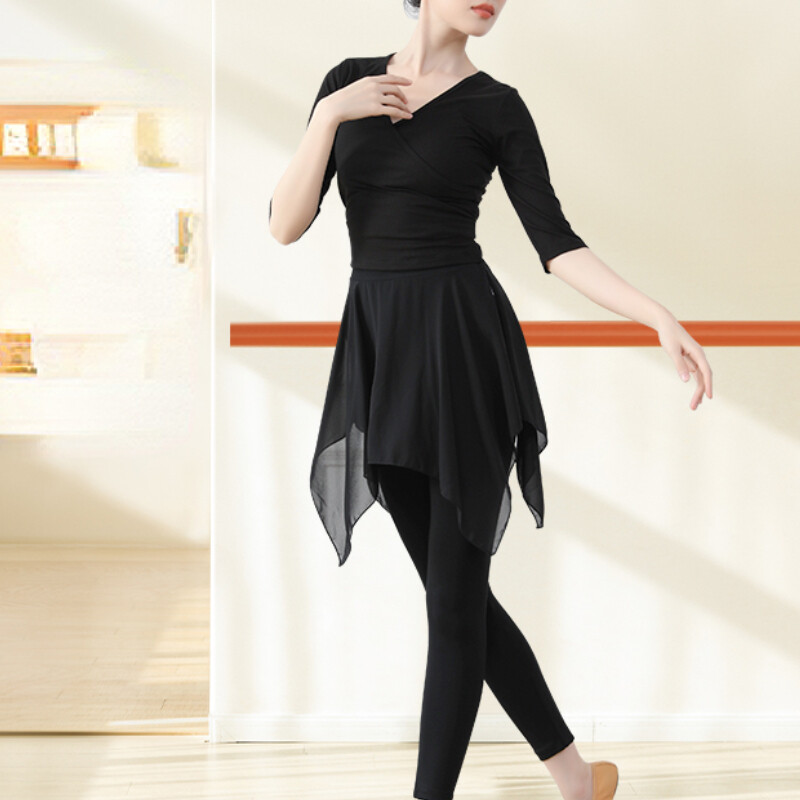2PCS Women Dance Set V Neck Half Sleeve Top and Culotte Ballet Latin Dancewear