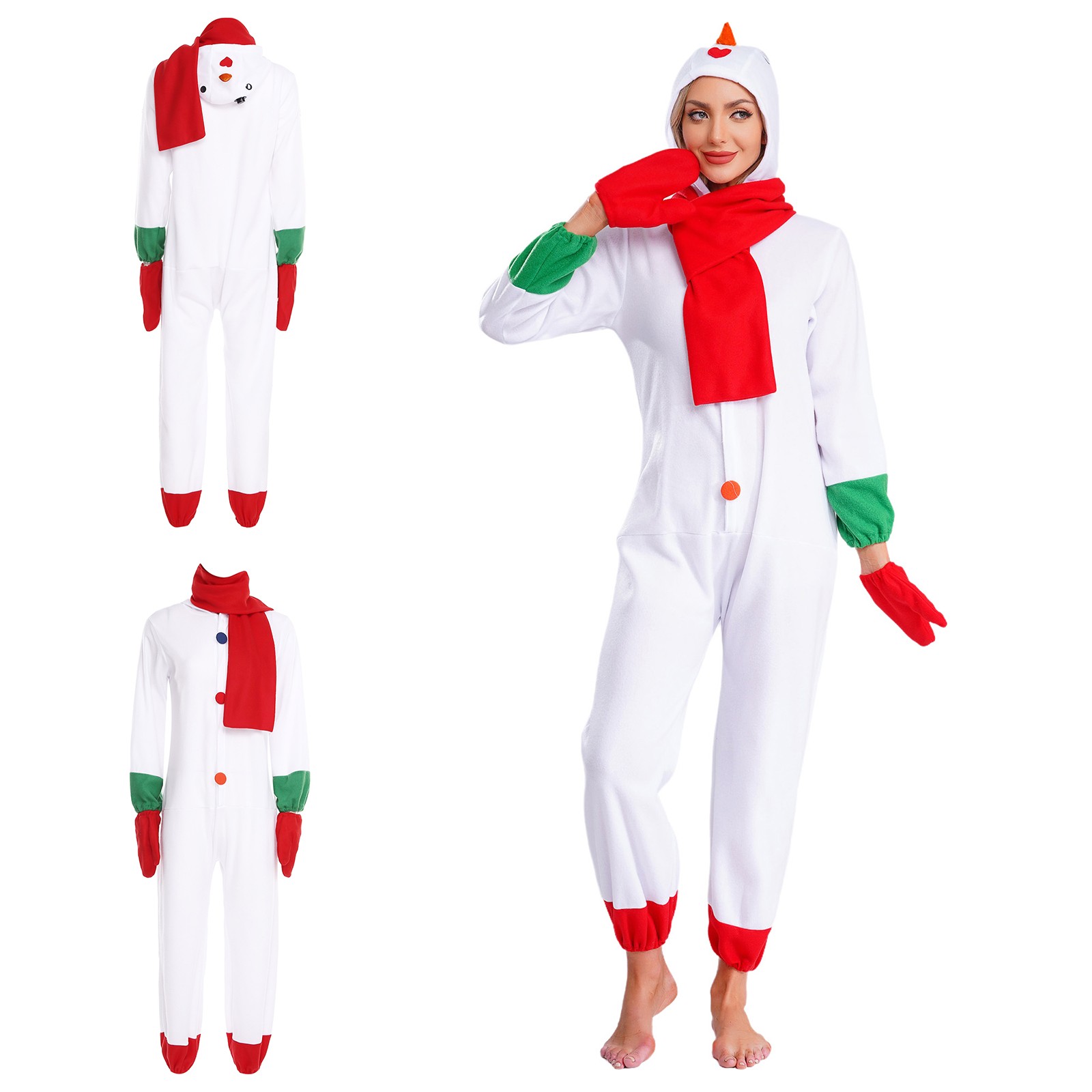 Women Christmas Cosplay Outfits Hooded Jumpsuit with Gloves Scarf Snowman Costum
