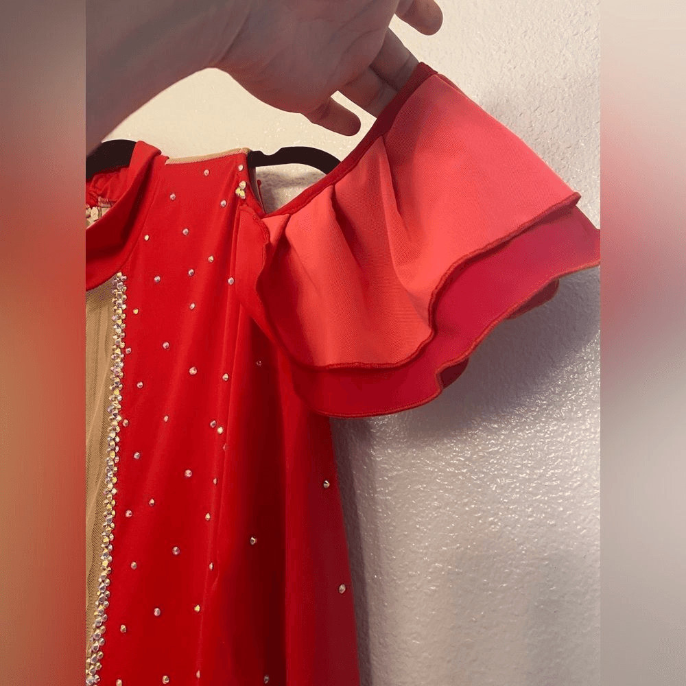 Adult XXL Custom Latin Ballroom Dance Costume Red Rhinestone Solo Competition