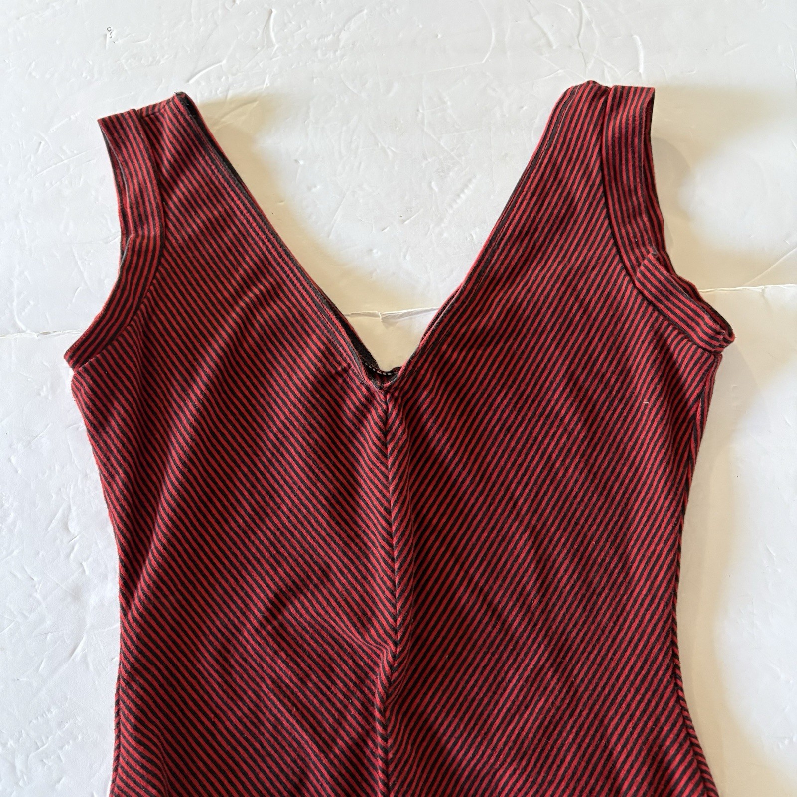 Cathy George Designs CA Leotard Med Red Navy Stripe V-Neck Sleeveless Stretch