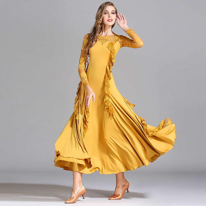 Women Long Sleeve Swing Dance Dress Modern Waltz Professional Ballroom Dancewear