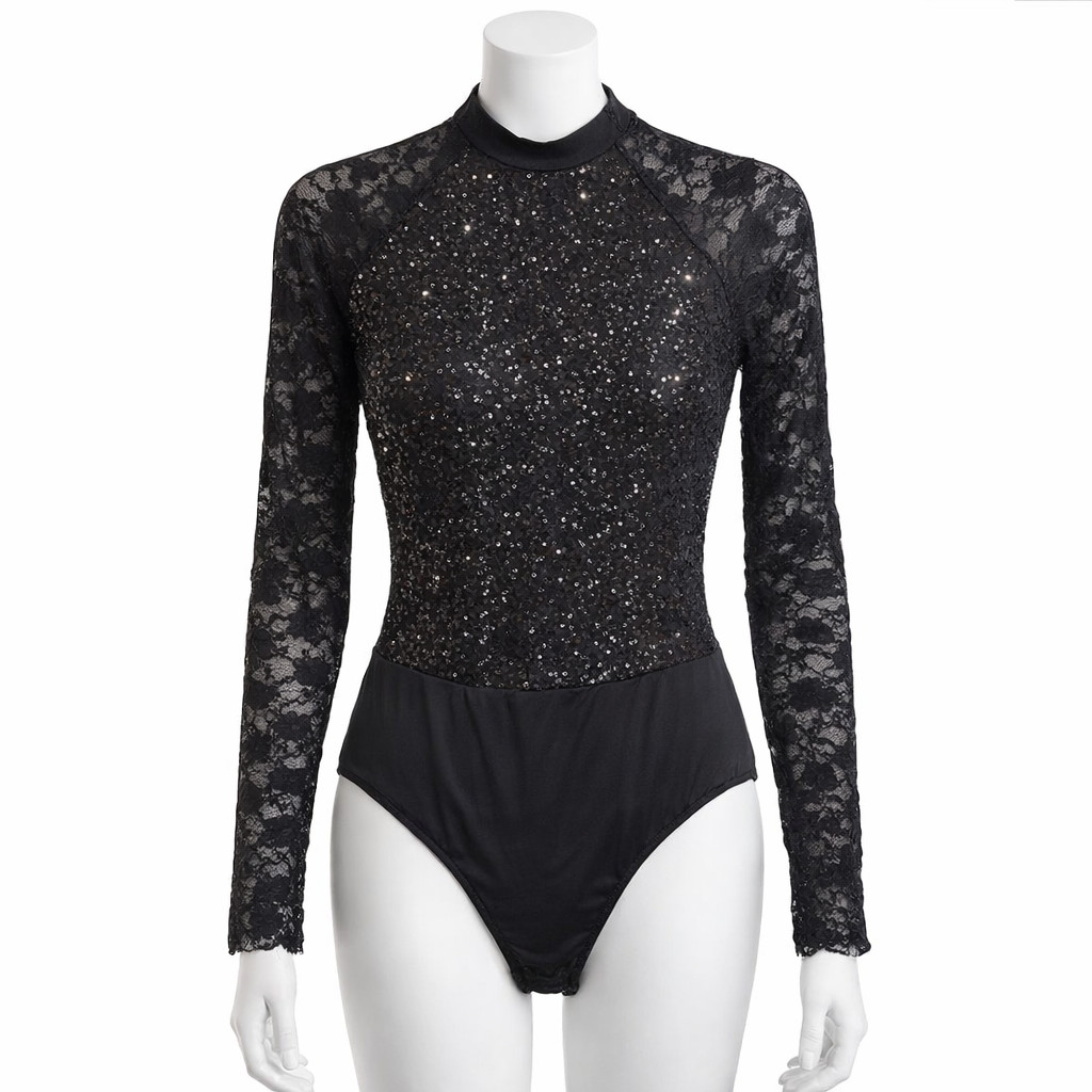 Weissman Black Lace/Sequin Dance Leotard Adult MA Open Back Performance Costume