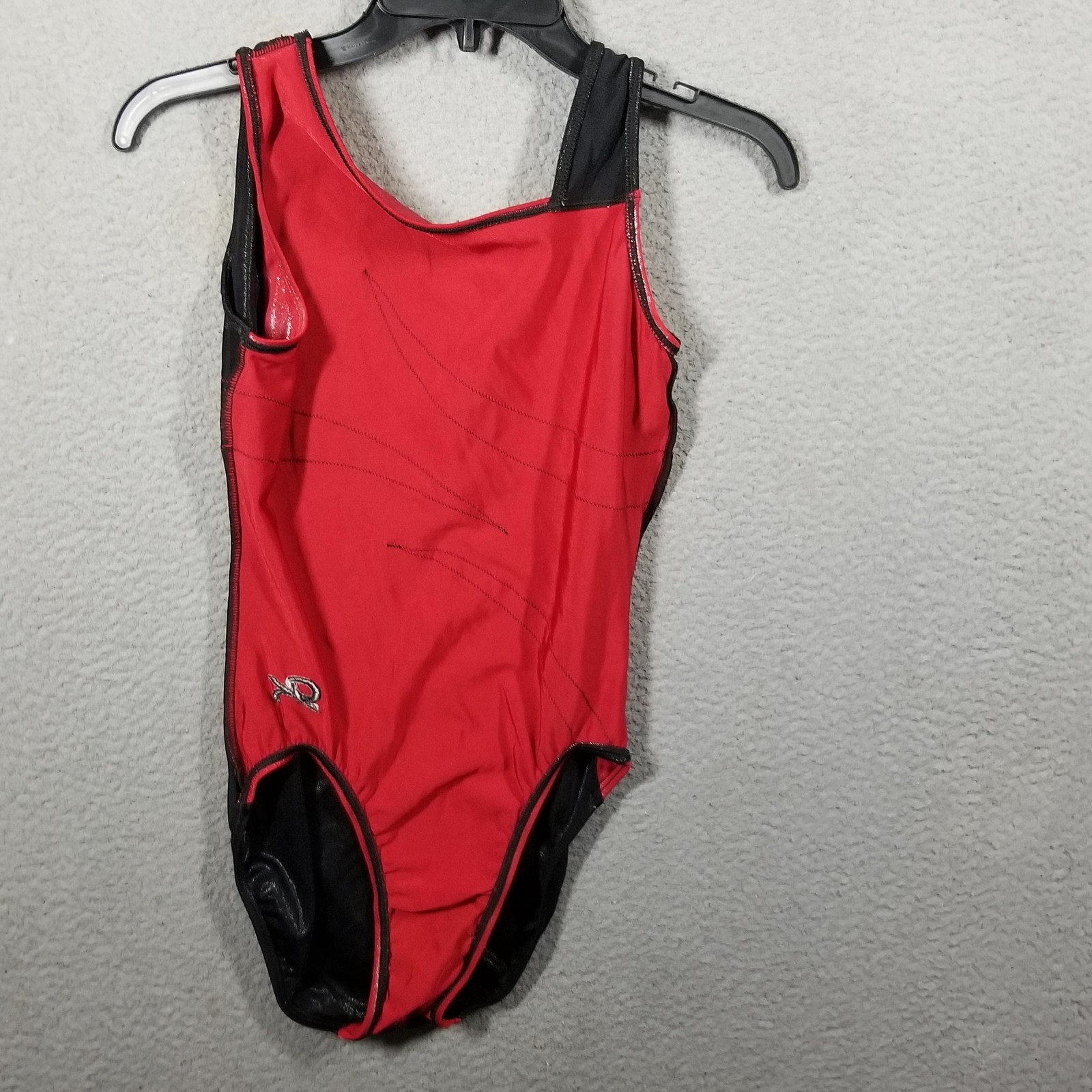 GK Elite Leotard Womens Small Red Black Shiny Asymmetric One Shoulder Gymnastics