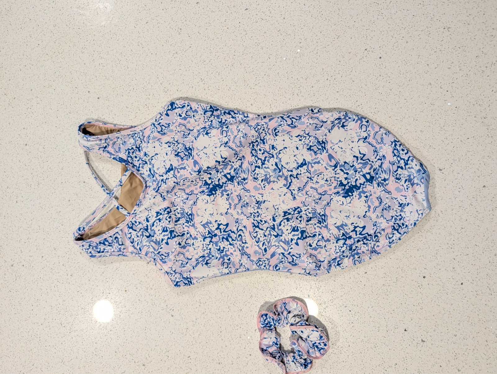 Plum Gymnastics Dance Leotard AM Medium FlipSide BABY BLUE Floral + SCRUNCHIE