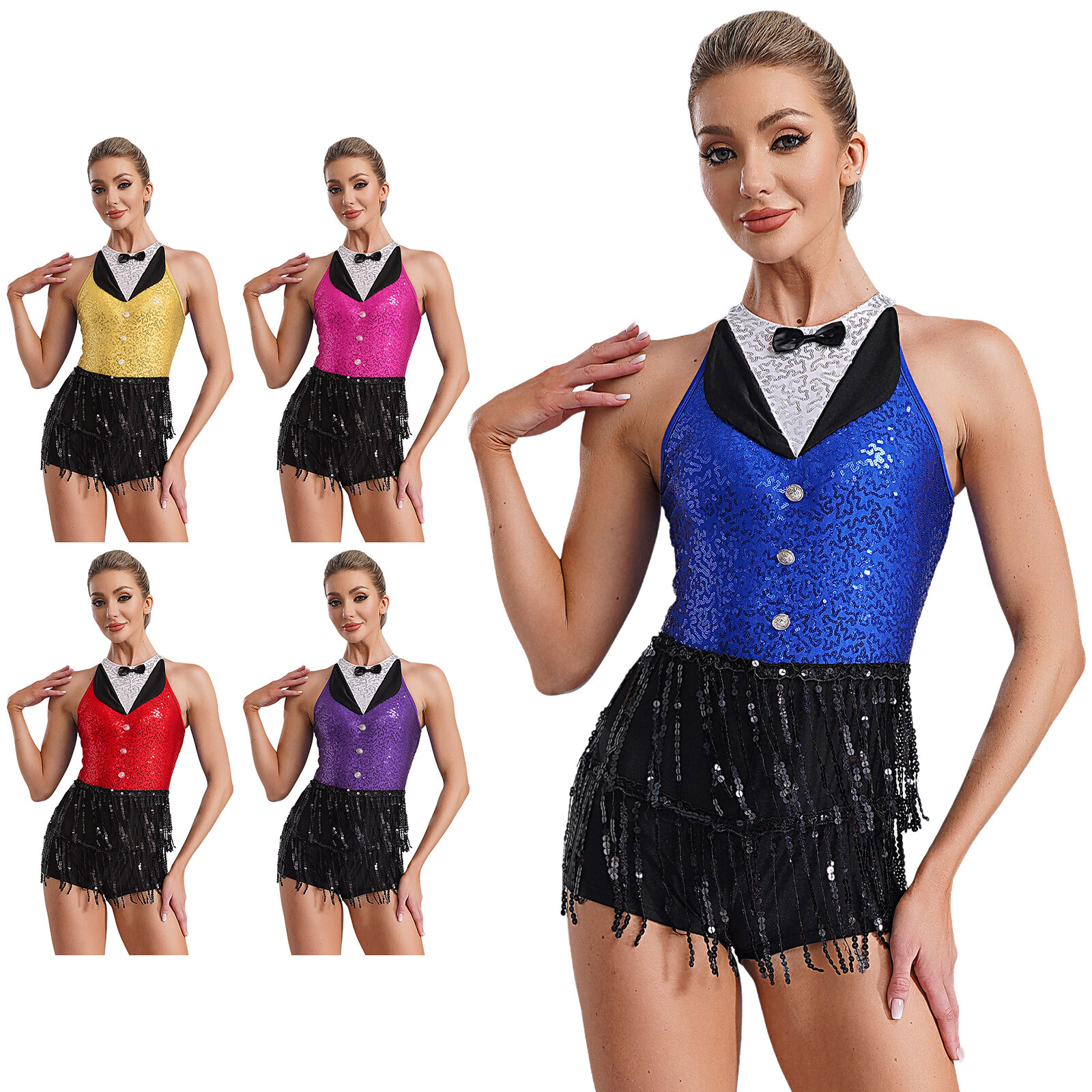 US Women Leotard Tuxedo Costume Role Play Bodysuit Rumba Rompers Latin Dancewear