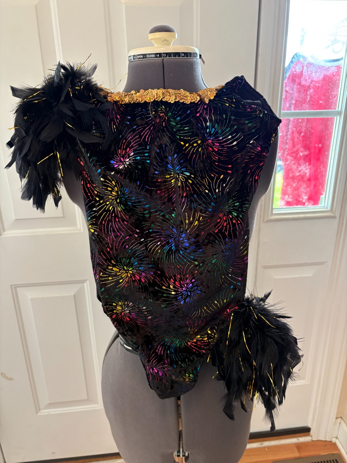 Black Rainbow Fireworks Feathers Dance Costume Leotard Adult Size Medium