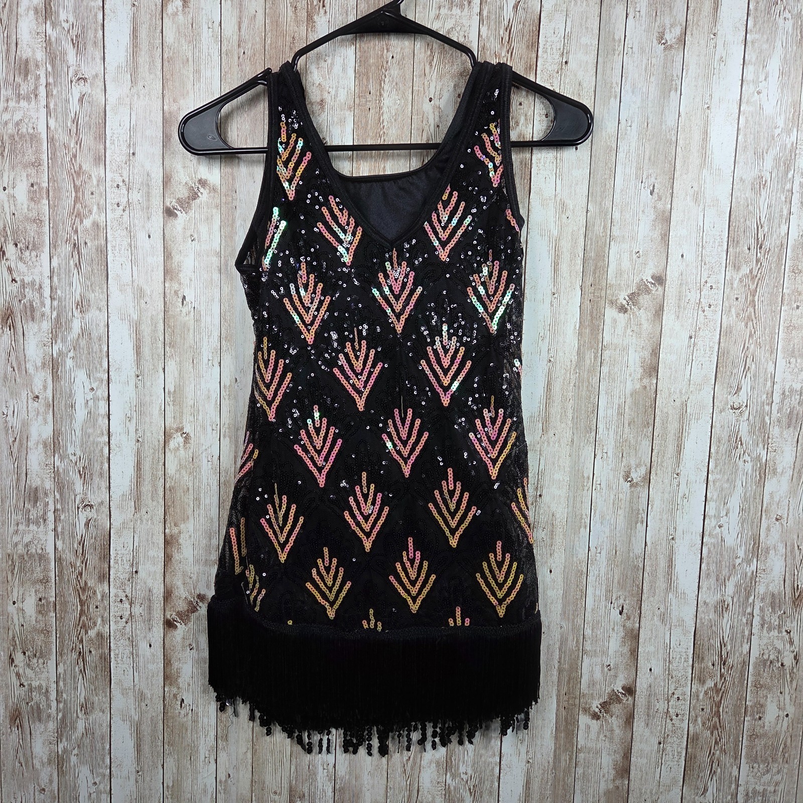 WEISSMAN Women’s Dance Black Multicolor Sequin Costume Dress Fringe Size MC GUC