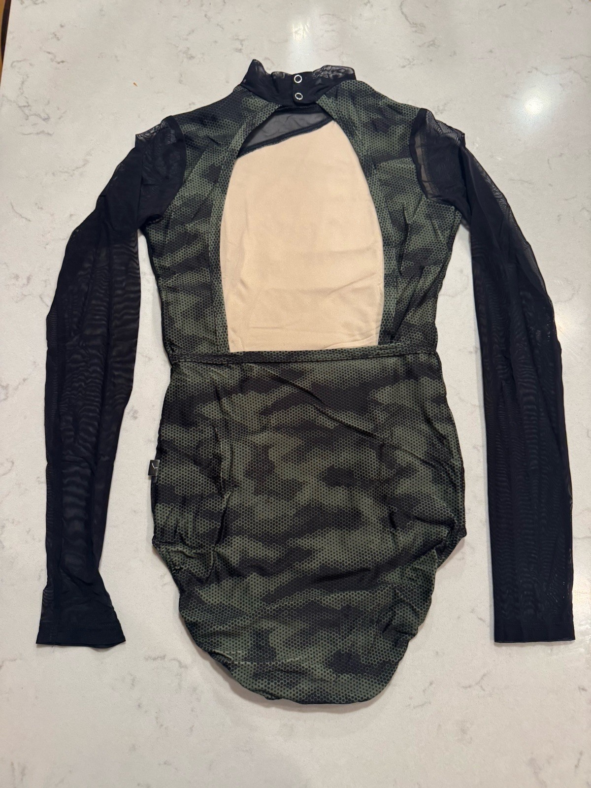 Solo Dancewear Leotard, Green/Black Print, Mesh Long Sleeve, Lined, Size Medium