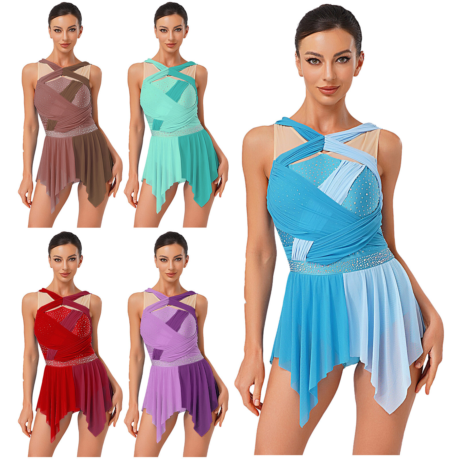 US Womens Costume Ruched Dancewear Mesh Dress Color Block Lyrical Hem Rhinestone