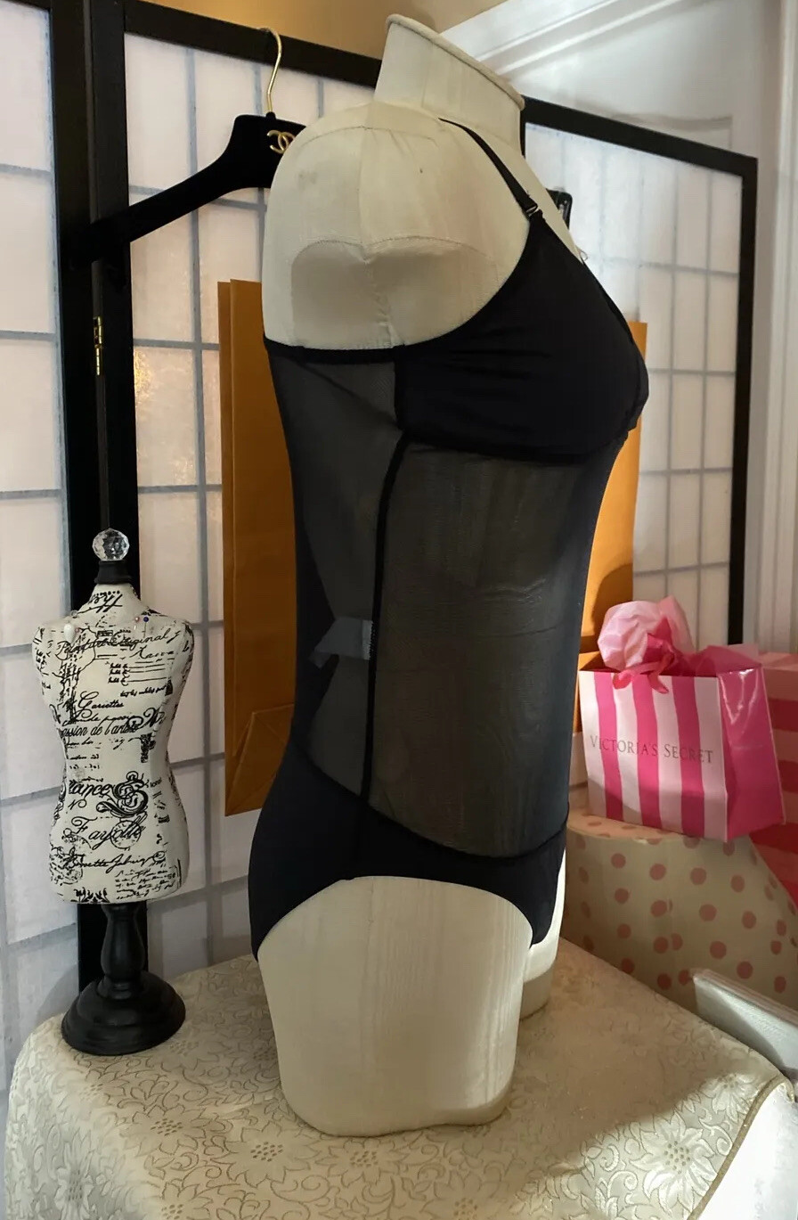 Capezio NWT Sexy Blk Plunge Neck Mesh Midriff Leotard Body Suit Women L