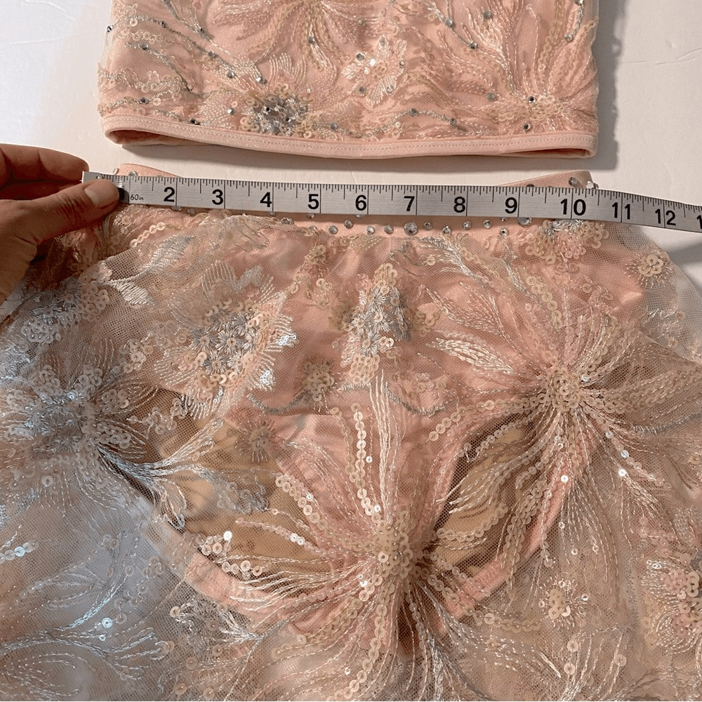 Solo glamorous dance costume leotard 2 piece pink embroidered lace rhinestone LC