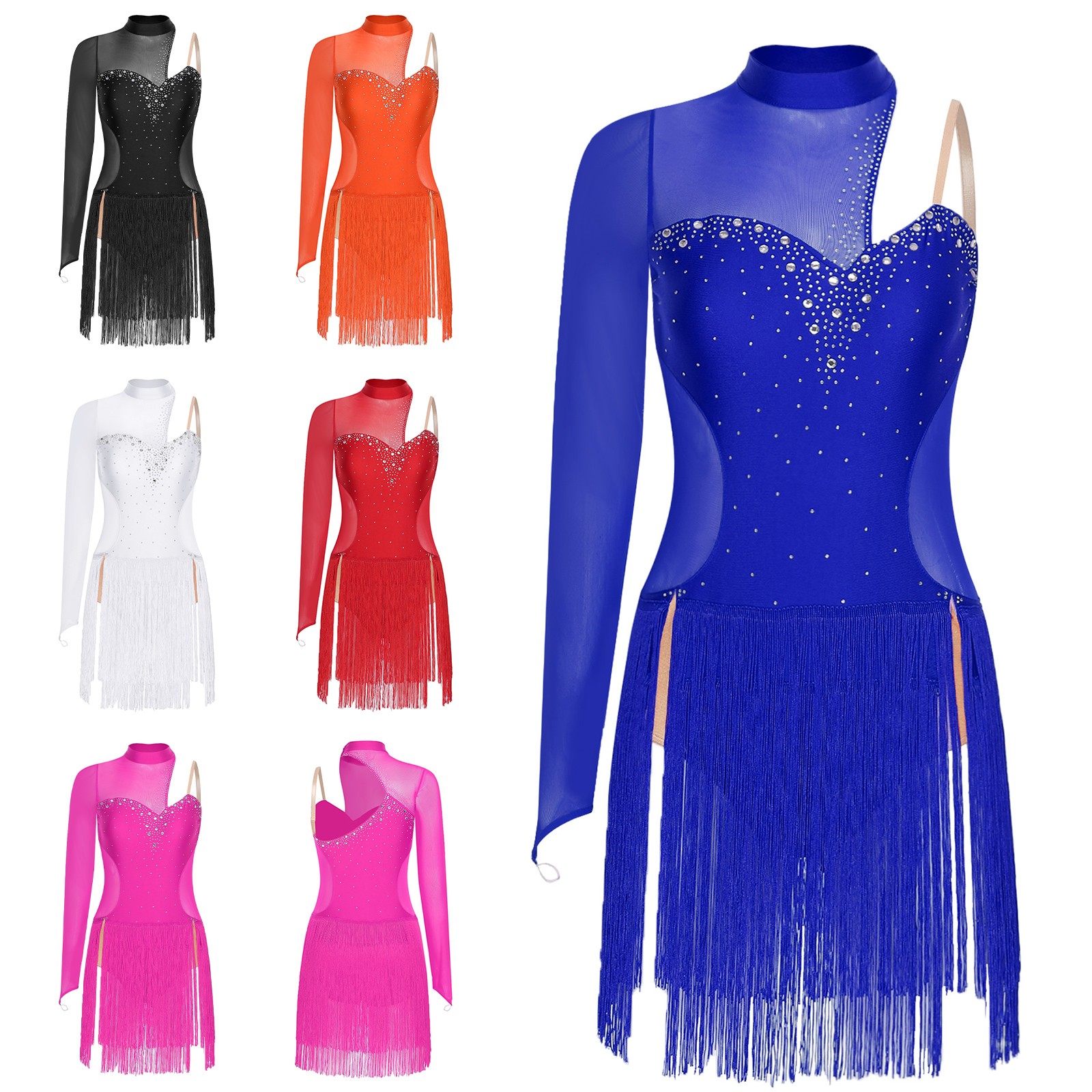 Women’s Ballroom Dance Dress Single Sleeve Asymmetrical Fringed Dress Dancewear