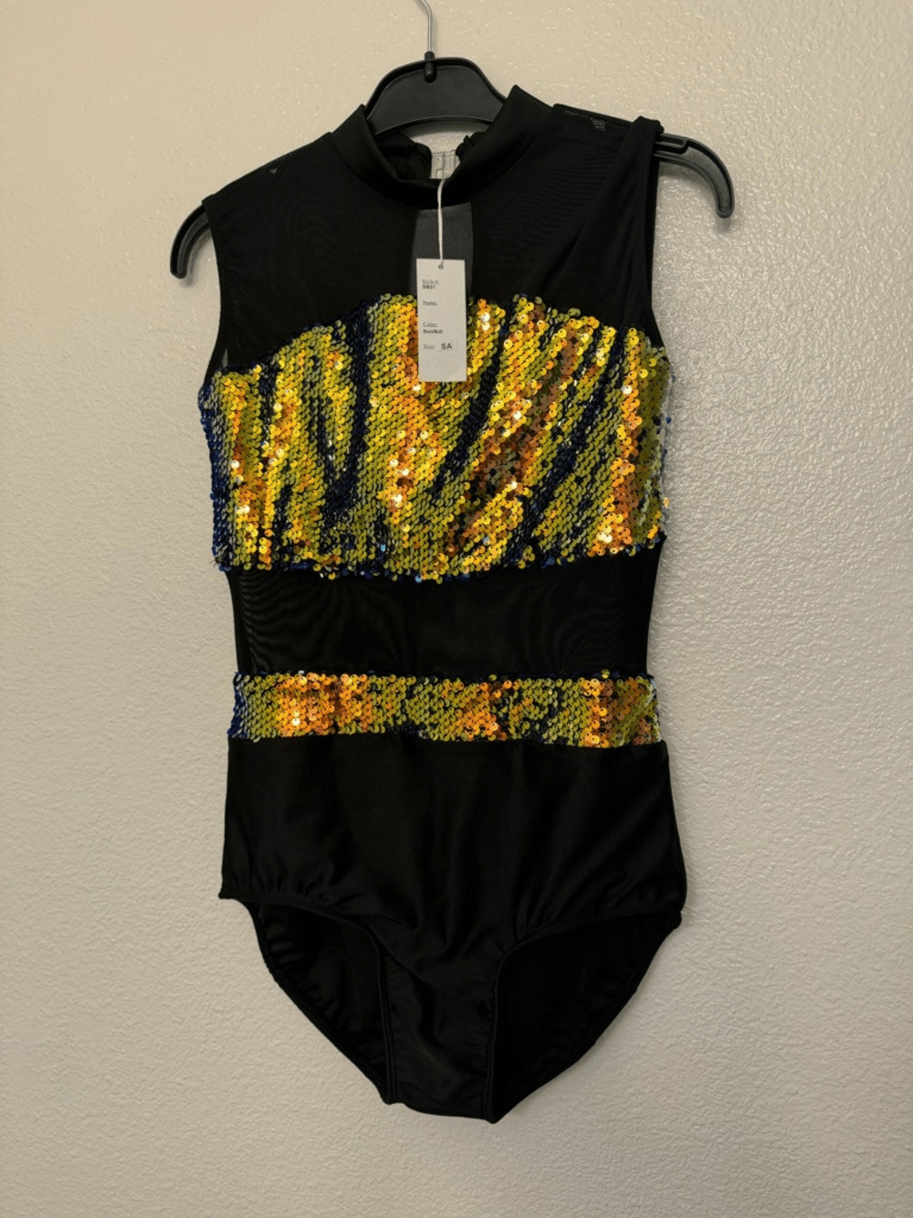 Glamour solo dance costume sequin mesh black gold SA-Small adult NEW