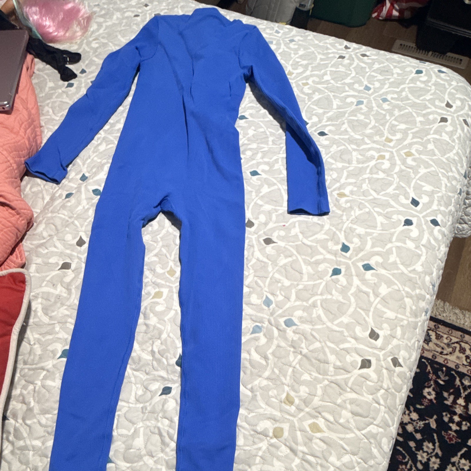 Blue Solid Ribbed Knit Spandex Long Sleeve Full Bodysuit Unitard Half Zip