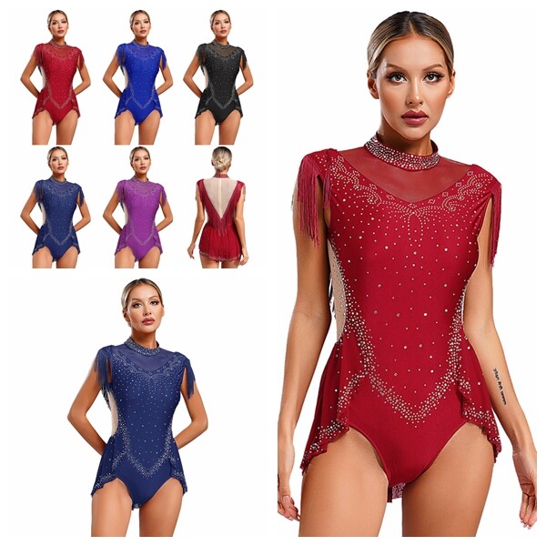 Womens Dance Leotard Contemporary Bodysuit Stage Performance Tassel Skirted