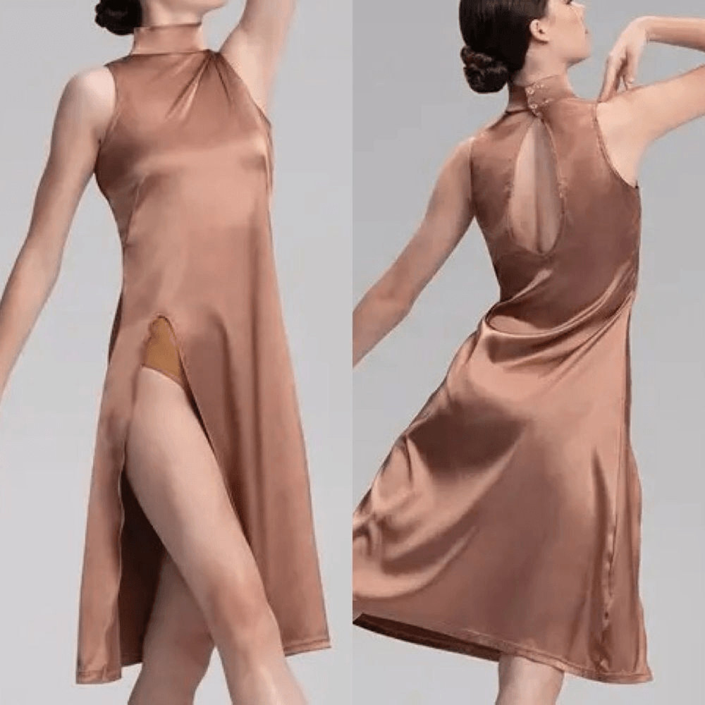 WEISSMAN Balera lyrical Dance silky tan gold Mock Neck slip Dress D13067 MA adl