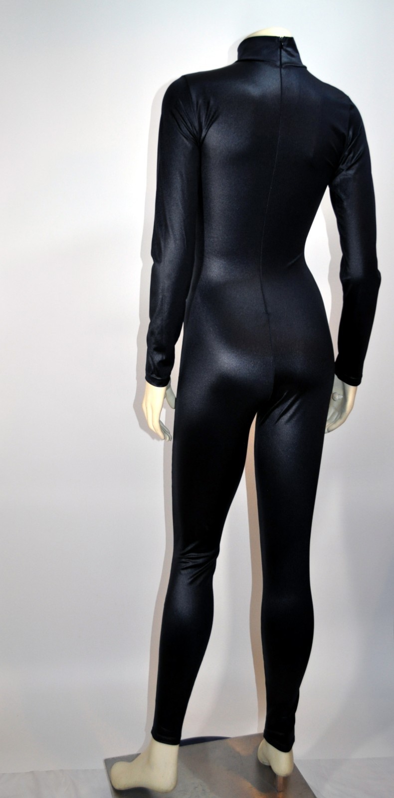 Skinz Black Long Sleeve Catsuit Body Suit Zip Back Mock Neck Costume Dance MED