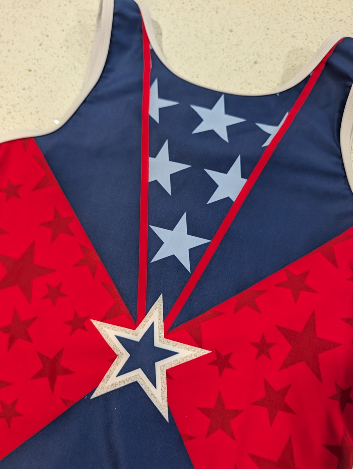 PATRIOTIC Plum Gymnastics Dance Leotard Medium Red White Blue STARS Flag July 4