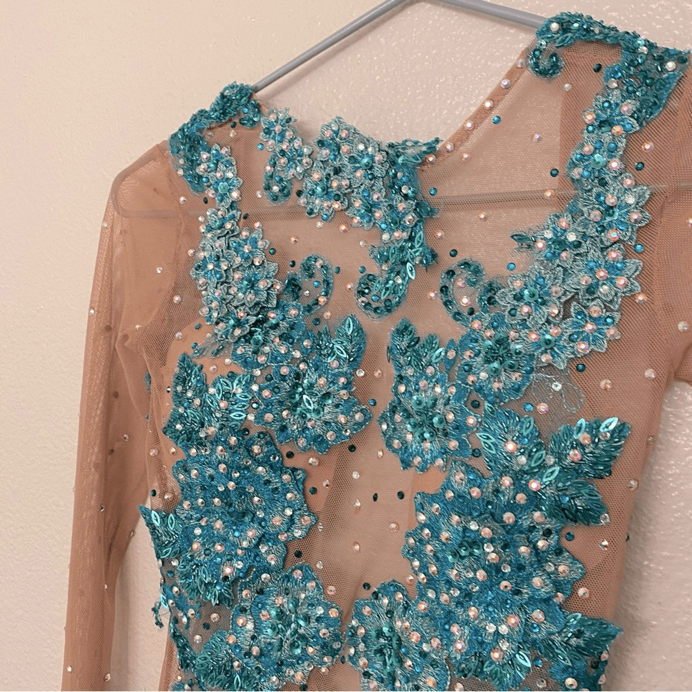 Custom solo dance costume leotard dress lyrical teal rhinestone embellished XSA