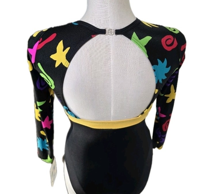 Body Wrappers Vintage 80s Open Back LS Colorful Leotard Dance Preteen Adult XS/S