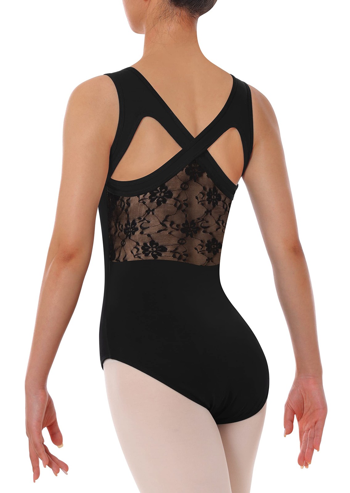 Tegmk Womens Lace Leotard for Dance Ballet Tank Crisscross Medium, A1-black