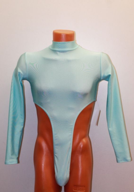 Men Thong Leotard 159-05 Long Sleeve High Collar Open Back Blue Spandex Size L
