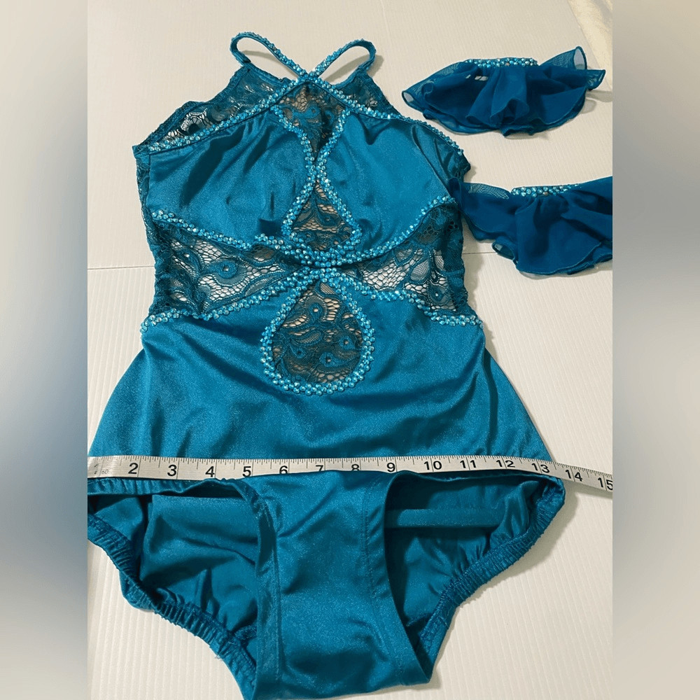 Custom solo Dance Costume teal aqua blue rhinestone Leotard SA-Small adult
