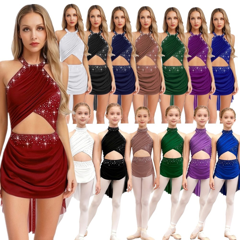 US Womens Girls Dresses Mock Neck Lyrical Dance Ballet Dancewear Dancing Leotard